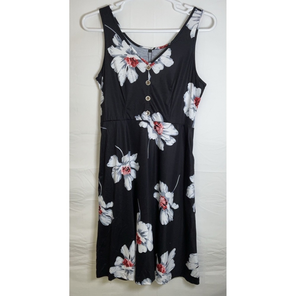 NWT Women's II Inin V Neck Sleeveless Tank Midi Black Floral Dress - Large